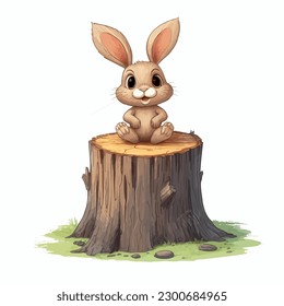 Illustration of a bunny sitting on the stump in the bushes and wild herbs. Piccture of a wild animal in its own habitat. Children illustration