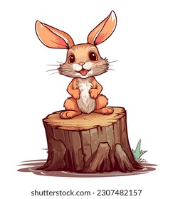 Illustration of a bunny sitting on the stump in the bushes and wild herbs. Piccture of a wild animal in its own habitat. Children illustration