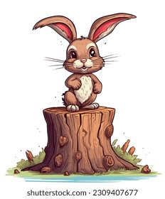 Illustration of a bunny sitting on the stump in the bushes and wild herbs. Piccture of a wild animal in its own habitat. Children illustration