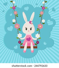 Illustration of bunny sitting on a swing decorated with flowers, and background with rays and blue hearts. Theme is Valentine's Day and it can be used for background or gift card.