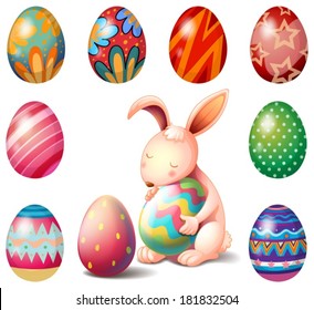 Illustration of a bunny surrounded with Easter eggs on a white background