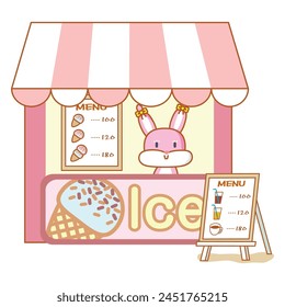 Illustration of a Bunny with a Tray Beside an Ice Cream Cart on a White Background