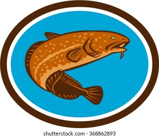 Illustration of a burbot, gadiform (cod-like) freshwater fish, viewed from a low angle set inside oval shape done in retro style. 