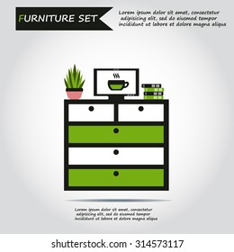 Illustration of bureau, chest of drawers, locker with television, tv, plant, books, folders, vector.