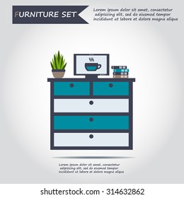Illustration of bureau, chest of drawers, locker with television, tv, plant, books, folders, vector.