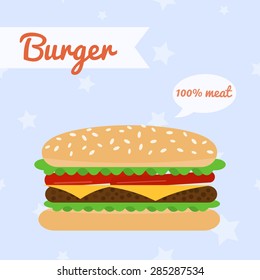 Illustration of burger with beef, tomatoes, cheese and lettuce on seamless background. Fast food menu.