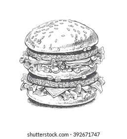 Illustration Of A Burger, Big Burger, Fast Food, Vector Drawing