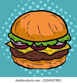 Illustration of a burger in cartoon comic retro pop art style vector with halftone background.