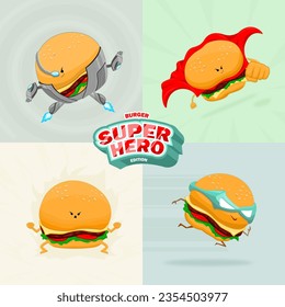 illustration of burger character set with super hero theme. consisting of cyborg burgers, flying burgers, power up burgers and fast running burgers. perfect for icon and mascot purposes.