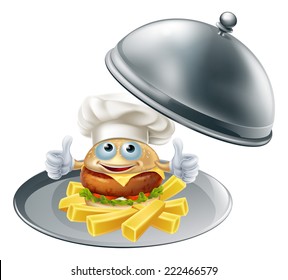 An illustration of burger chef mascot character and chips on a silver serving platter