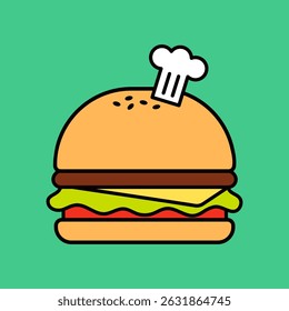 Illustration of a burger with a chef's hat on a green background. The burger features layers of lettuce, cheese, and tomato. Simple and colorful burger design. Cute illustration vector.