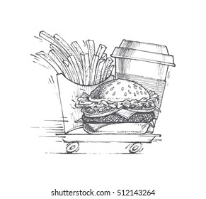 illustration of burger, chips and a drink on a tray. delivery fast food, classic dinner,  vector drawing