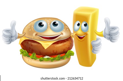 An illustration of burger and chips food character mascots arm in arm giving a thumbs up
