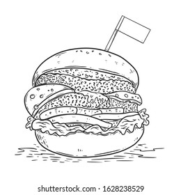 Illustration of burger in engraving style. Design element for logo, label, emblem, sign, badge. Vector illustration 