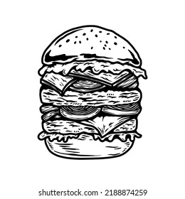 Illustration of burger in engraving style. Design element for poster, menu, sign. Vector illustration