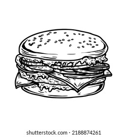 Illustration of burger in engraving style. Design element for poster, menu, sign. Vector illustration
