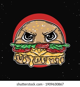 Illustration of burger with facial expressions