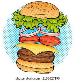 Illustration burger with flying ingredients bun, tomato, salad, cheese, onion, cutlet. Fast food. Vector bright colored print in Pop Art style. Retro cartoon comic style. Design for stickers, poster