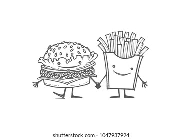 illustration burger and french fries, cheerful characters, vector image