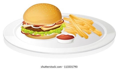 illustration of burger, french fries and sauce on a white background