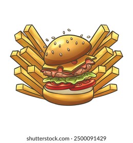 Illustration of burger and fried fries. For food and beverage industry design