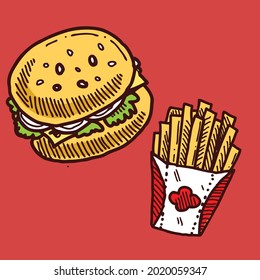 Illustration of burger and fries with red background. using any kind of food blog design