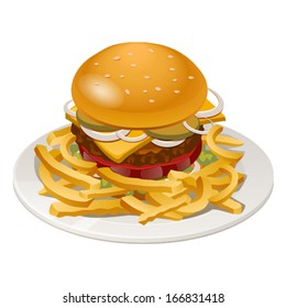 illustration of burger with fries, tomato, onion and cheese