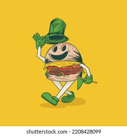 Illustration of burger with green patrick's day hat. icon concept in flat cartoon style