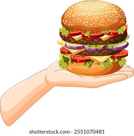 Illustration of a burger held in a hand