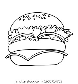 Illustration of a burger in line style. Design element for emblem, sign, poster, card, banner, flyer. Vector illustration