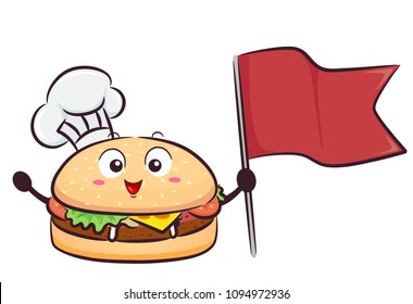 Illustration of a Burger Mascot Wearing Chef Hat Holding a Toothpick Red Flag