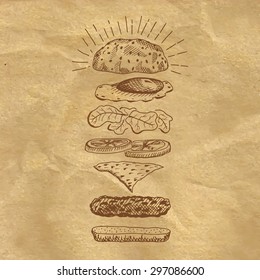  Illustration of burger on craft paper. Sketch style.