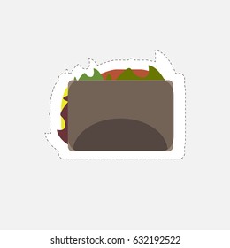 Illustration with a burger on light background. Sticker style dark icon with dashed outline
