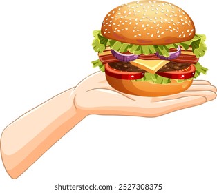 Illustration of a burger on an open hand
