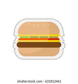 Illustration with a burger with outline and dashed line. Sticker style icon