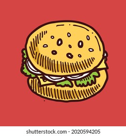 Illustration of burger red background. using any kind of food blog design and artwork