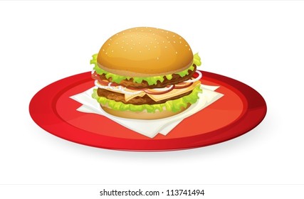 illustration of burger in red dish on white