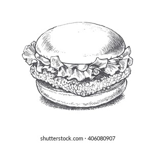 illustration of a burger, sandwich with chicken, vector drawing