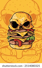 Una ilustración de una hamburguesa con bollos en forma de calavera, mezclando comida y Elementos de arte oscuro. Este diseño único y surrealista es perfecto para el horror, macabro o conceptos creativos que desafían a los convencionales