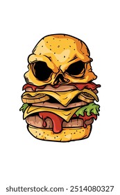 Una ilustración de una hamburguesa con bollos en forma de calavera, mezclando comida y Elementos de arte oscuro. Este diseño único y surrealista es perfecto para el horror, macabro o conceptos creativos que desafían a los convencionales