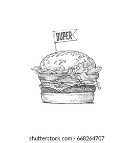 illustration of a burger, Super fast food, vector drawing