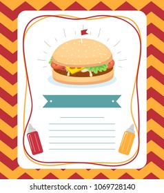 Illustration of a Burger with Tiny Flag, Ribbon, Mustard, Ketchup Sauce and Space for Text