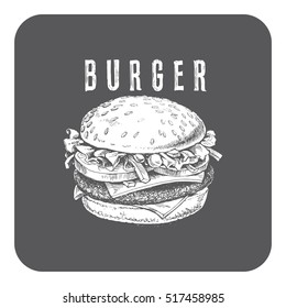 illustration of a burger, vector drawing on a dark background with the word -"burger"