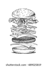 illustration of a burger, vector drawing, sandwich ingredients,