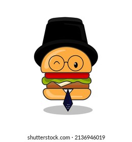 illustration of burger wearing hat and tie