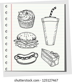 illustration of burger,hot dog and cold drink on isolated background