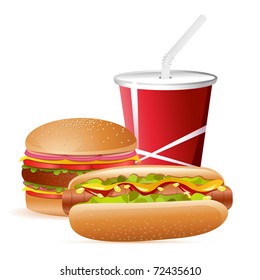 illustration of burger,hot dog and cold drink on isolated background