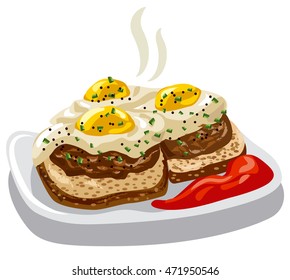 illustration of burgers with fried eggs and tomato sauce