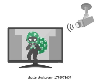 Illustration of a burglar reflected on a security camera.