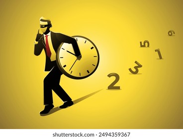 Una ilustración de ladrón ladrón robando reloj de tiempo. Problema de productividad o procrastinación, eficiencia laboral para terminar en plazo, concepto de logro